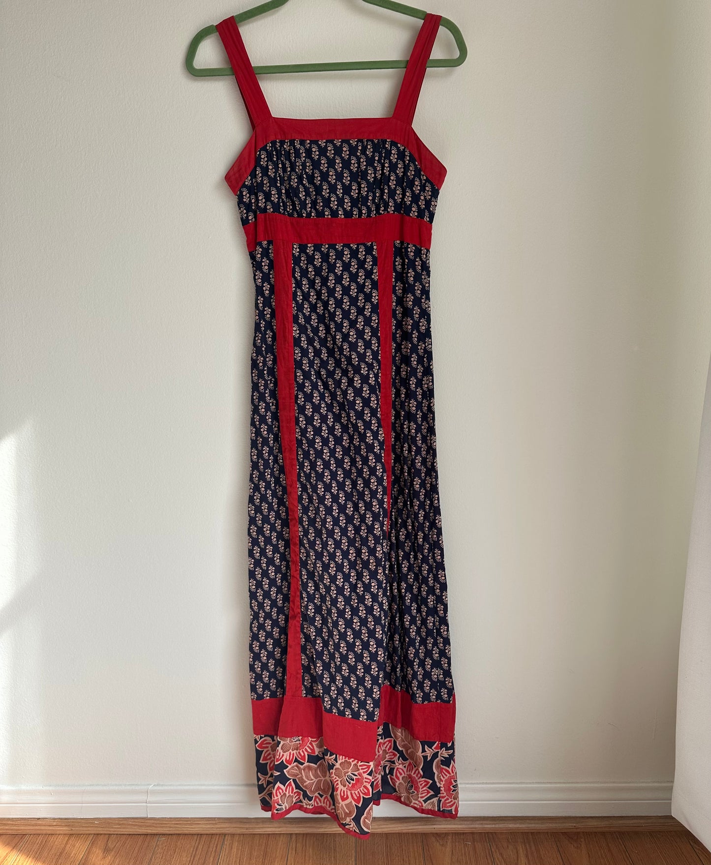 Navy Blue and Red Floral Paneled Dress