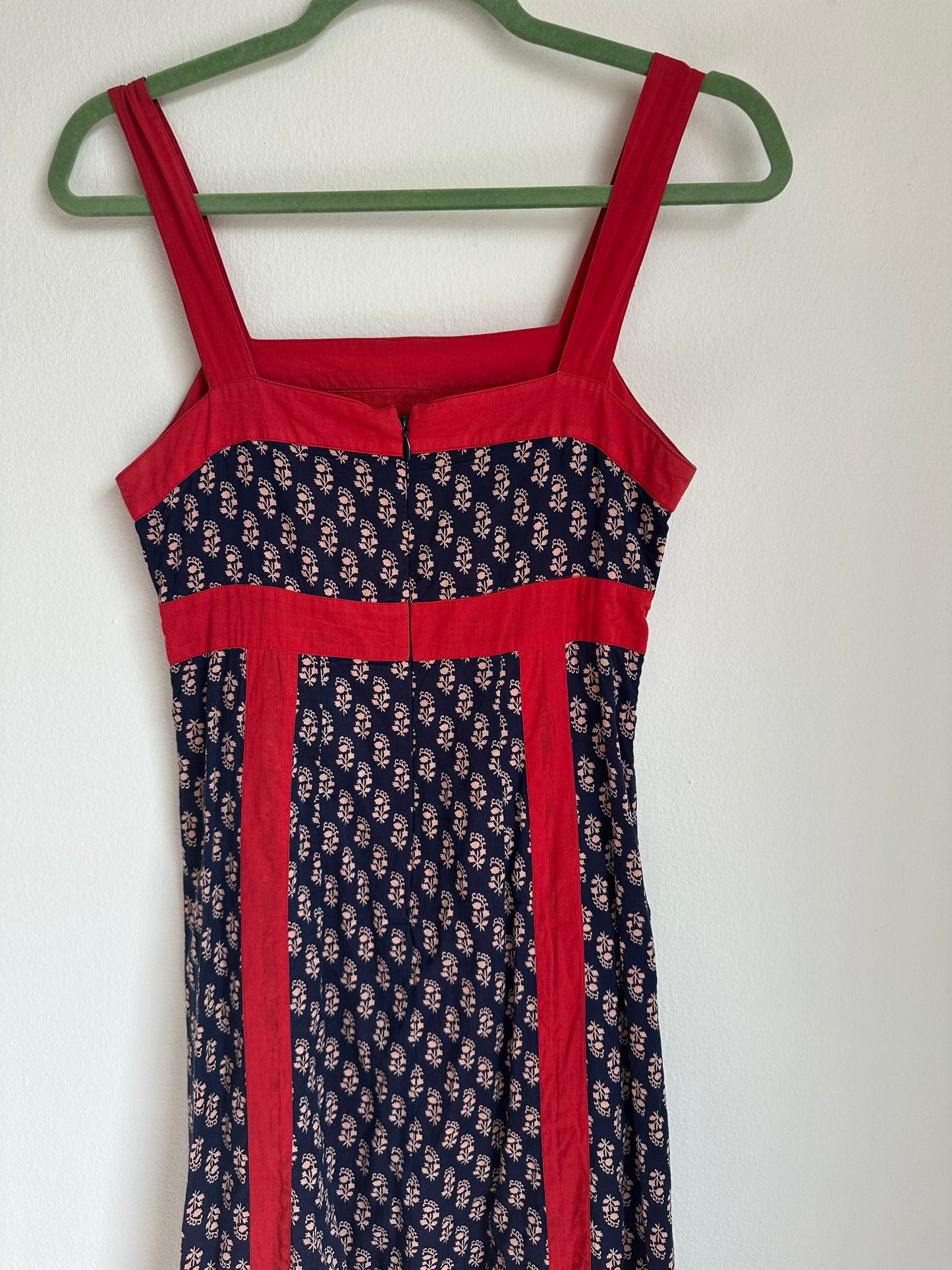 Navy Blue and Red Floral Paneled Dress