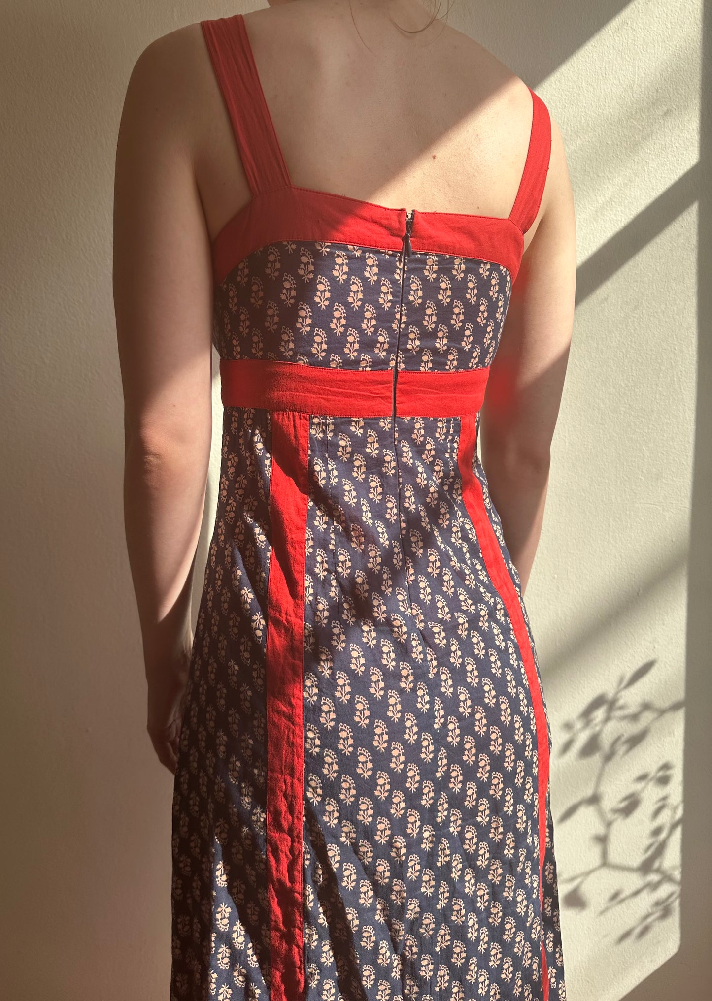 Navy Blue and Red Floral Paneled Dress