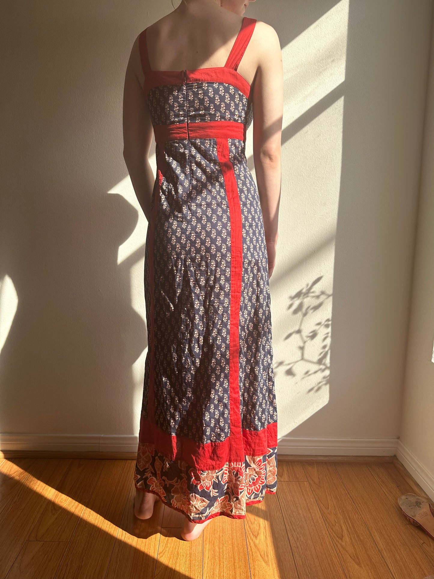 Navy Blue and Red Floral Paneled Dress