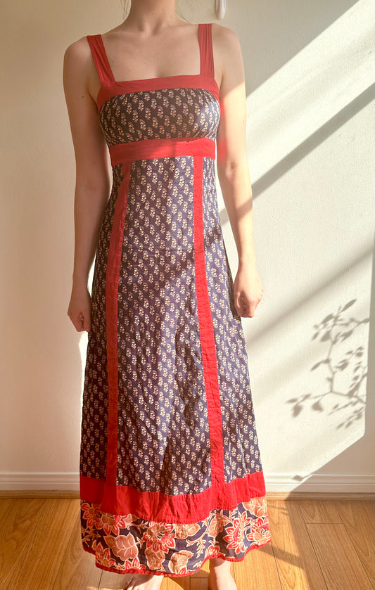 Navy Blue and Red Floral Paneled Dress