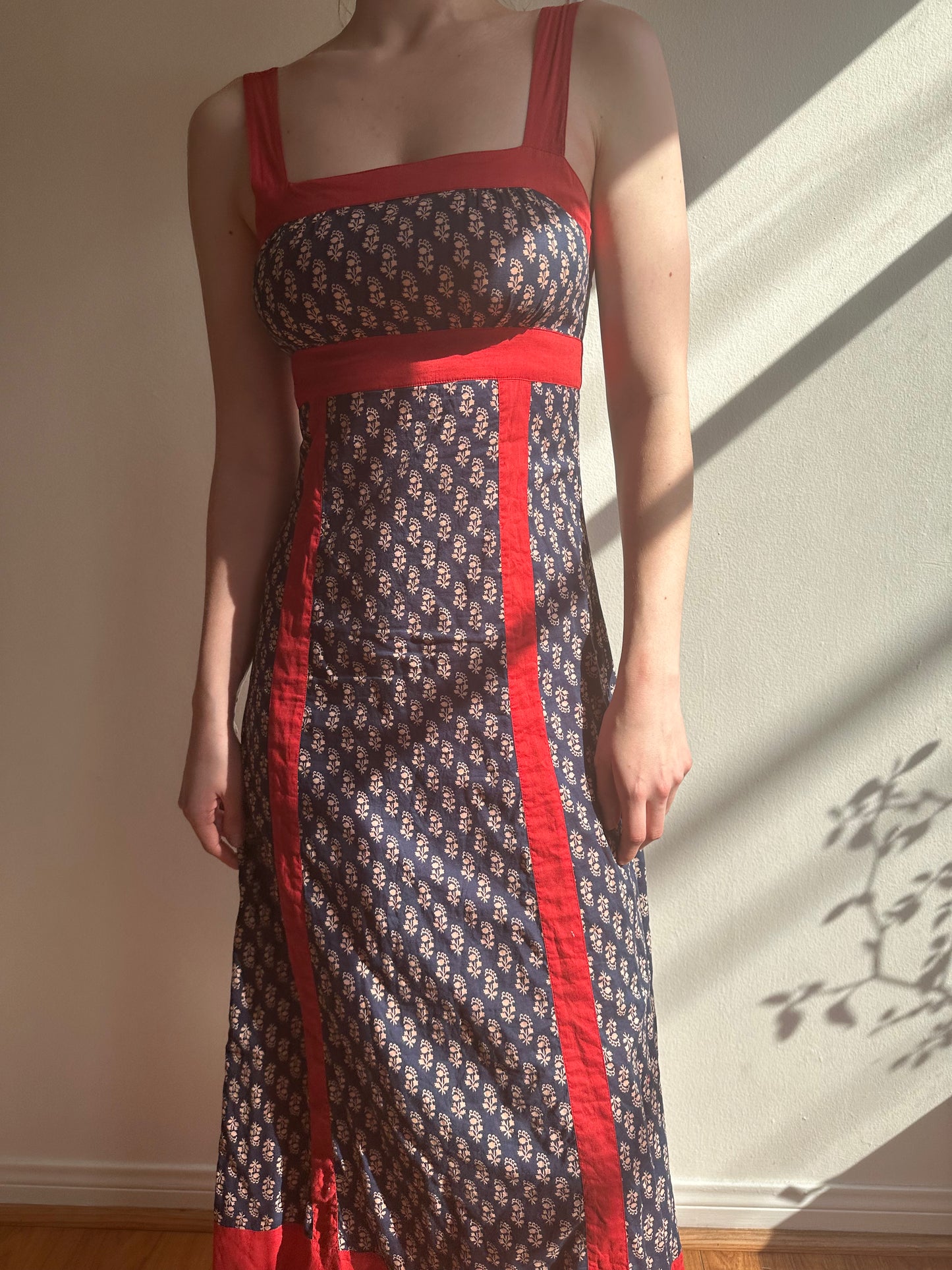 Navy Blue and Red Floral Paneled Dress